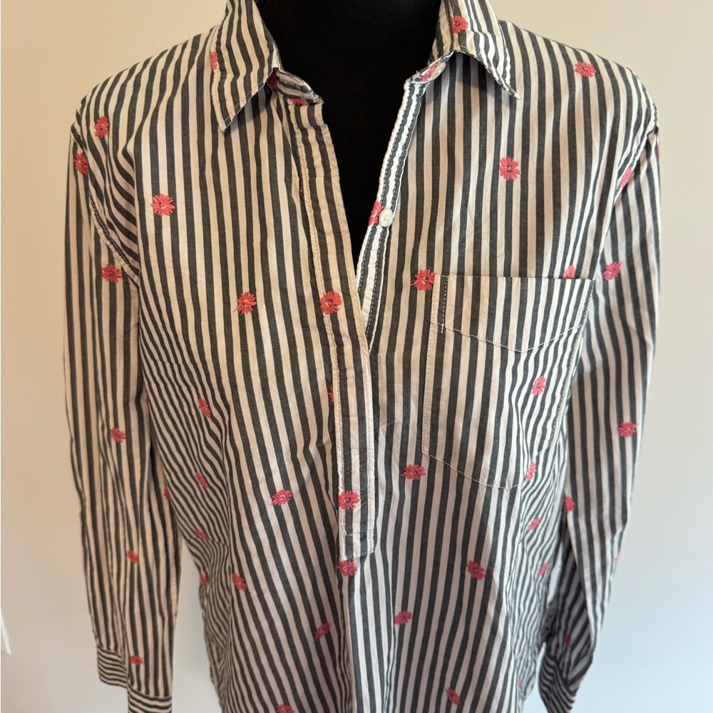 Striped Black and White Shirt with Red Floral Accents